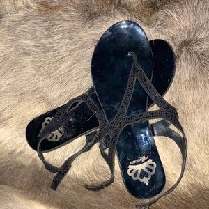 Black patent beaded strap flat sandal
